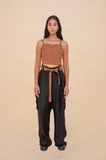 Black + Brown Raffia Tie Back Top