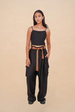 Black + Brown Raffia Tie Back Top
