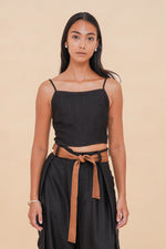 Black + Brown Raffia Tie Back Top