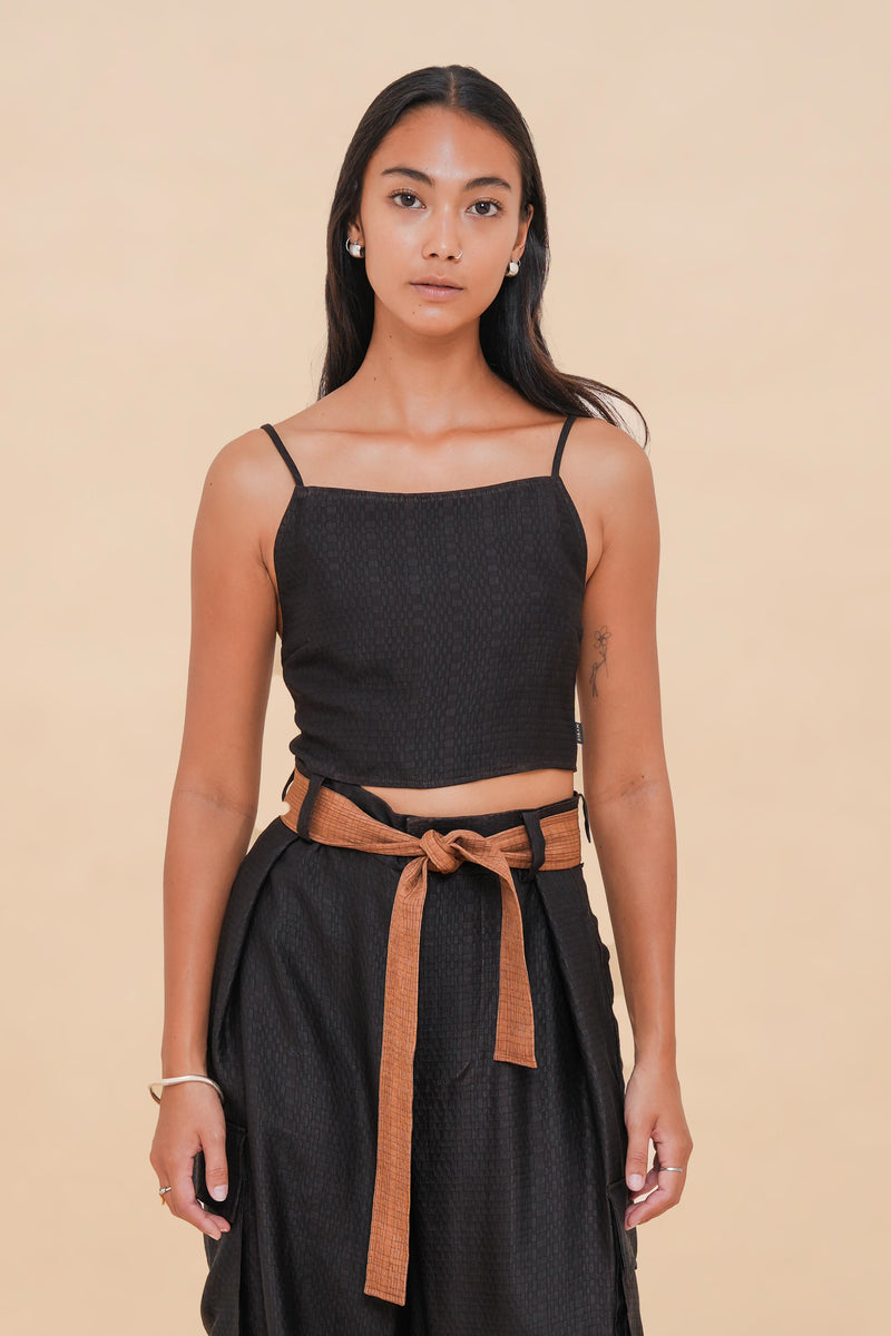 Black + Brown Raffia Tie Back Top