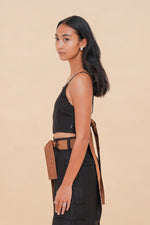 Black + Brown Raffia Tie Back Top