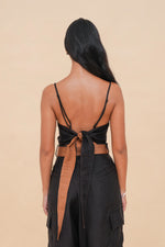 Black + Brown Raffia Tie Back Top