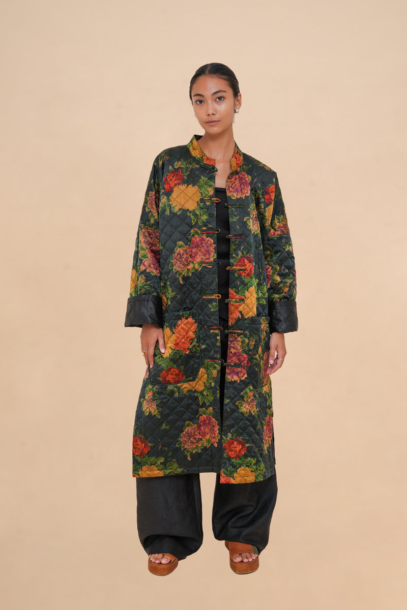 Reversible Midnight Peony + Obsidian Quilted Diamond Coat