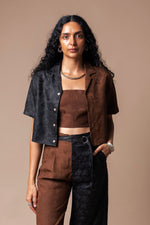 Brown + Black Butterfly Cropped Camp Collar Shirt