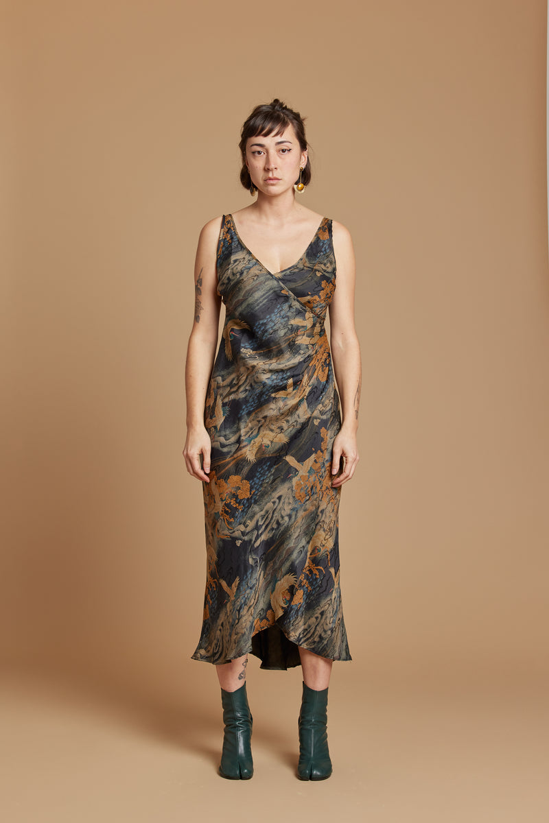 Soaring Cranes Ruched Slip Dress