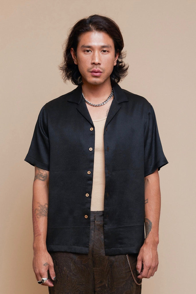 Black Plisse Camp Collar Shirt