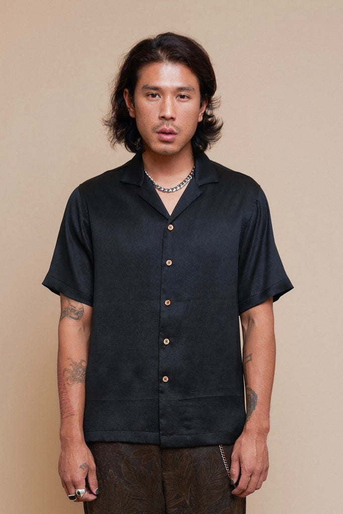 Black Plisse Camp Collar Shirt