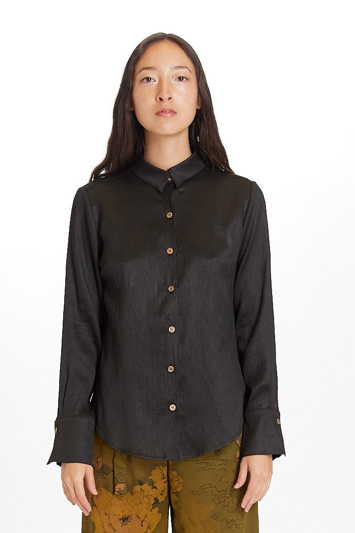 Black Plisse Classic Button Up Shirt