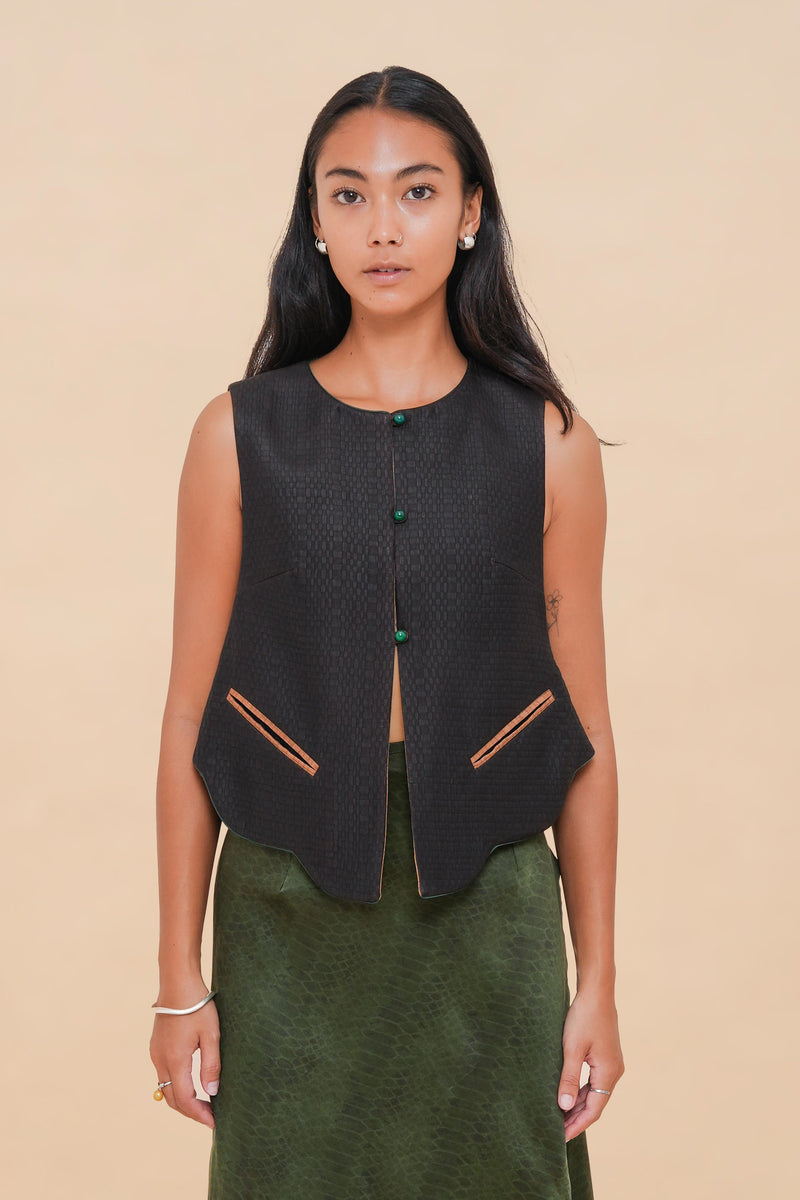 Black + Brown Raffia Reversible Vest