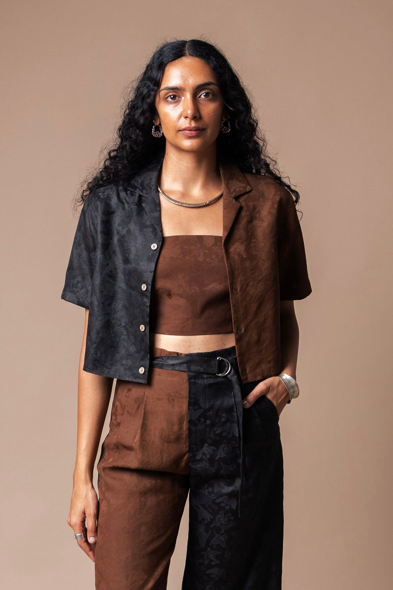 Brown + Black Butterfly Cropped Camp Collar Shirt