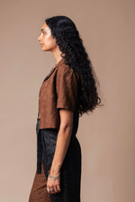 Brown + Black Butterfly Cropped Camp Collar Shirt