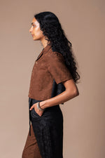 Brown + Black Butterfly Cropped Camp Collar Shirt