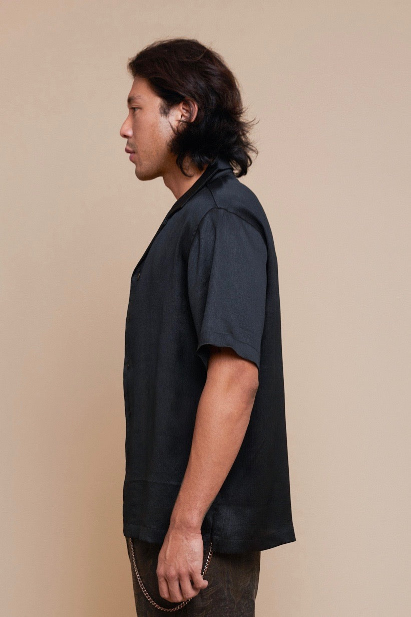 Black Plisse Camp Collar Shirt