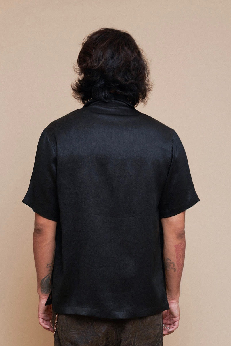 Black Plisse Camp Collar Shirt