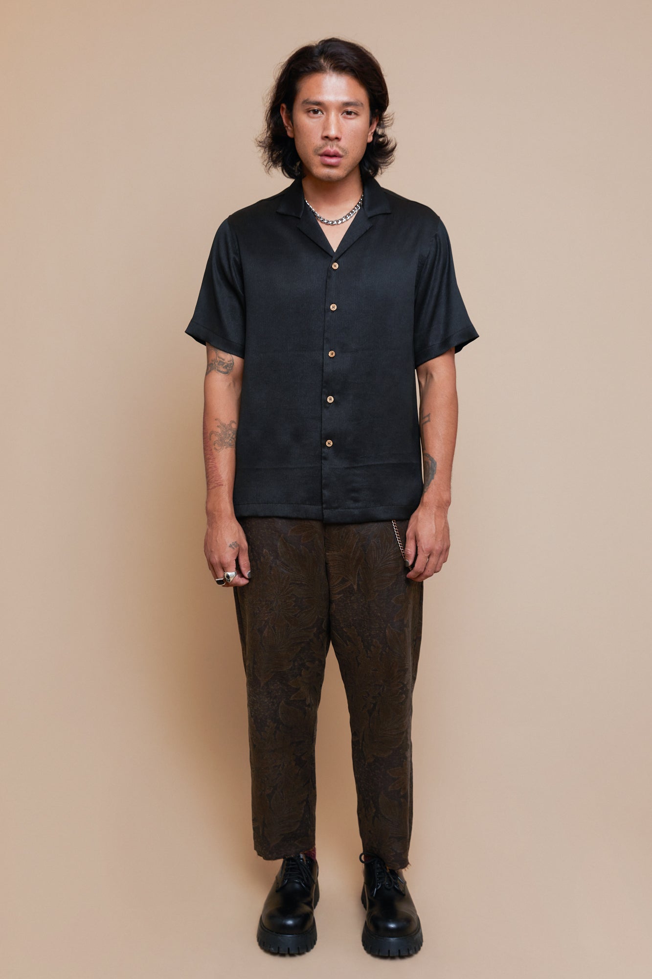 Black Plisse Camp Collar Shirt