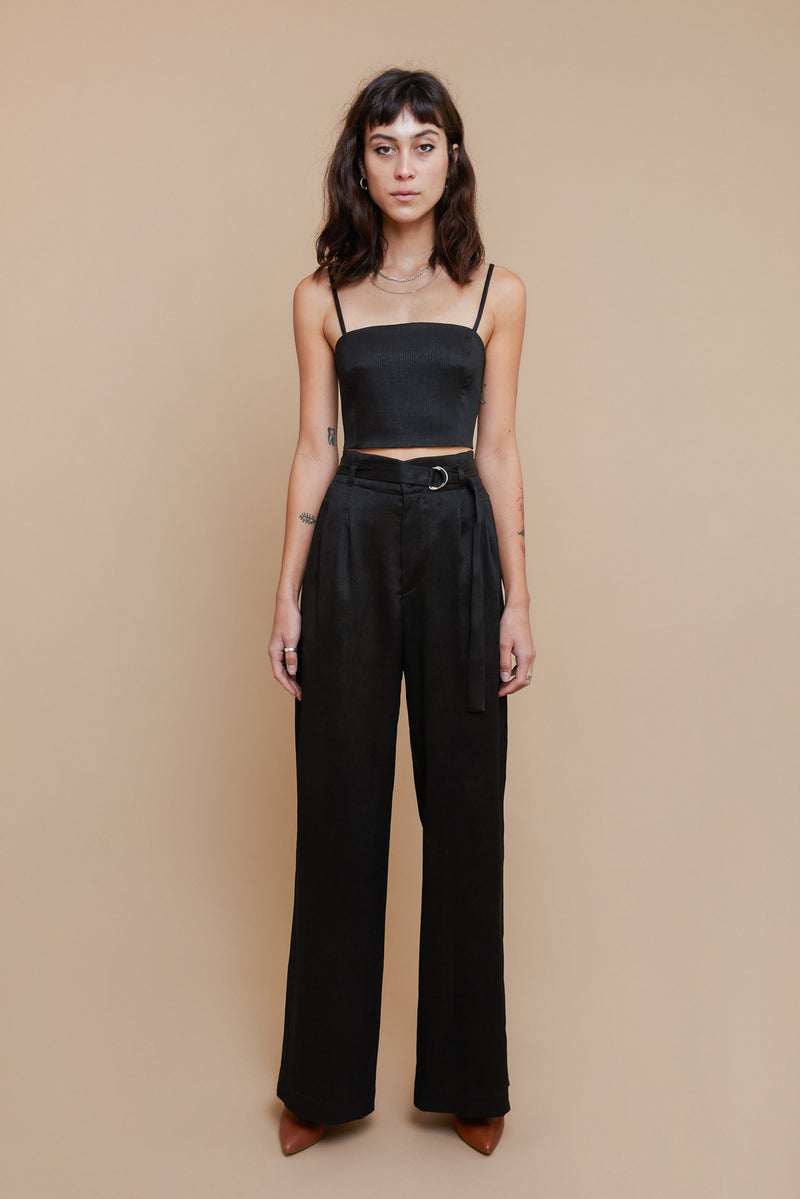 Black Plisse Belted Trouser